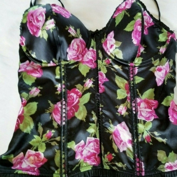 Pink Bustier Floral Corset Sheer Black Back Eye & Hook Top & Bottom Size 36B - Picture 1 of 6
